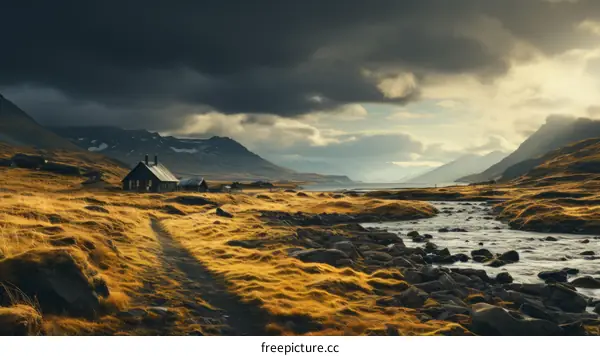 Thatched roof house in a valley with mountains in the background