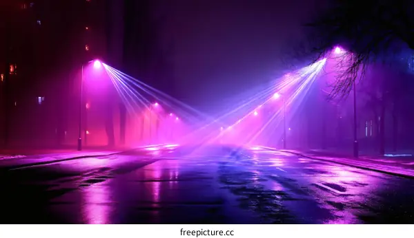 Neon City Street at Night with Fog and Rain