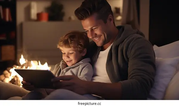 Father and son are watching something interesting on the tablet