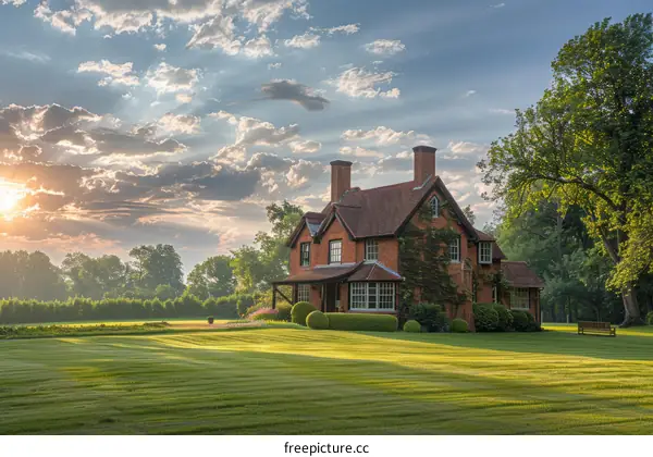 Idyllic English Countryside House at Sunrise