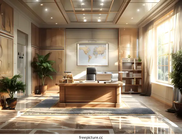 Luxury Office with World Map and Large Windows