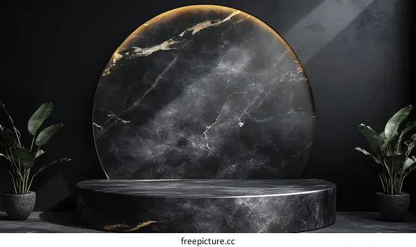 Dark Marble Display Stand with Plants