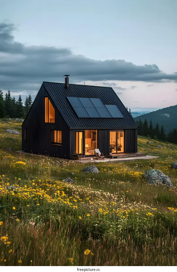 Modern Black Cabin with Solar Panels in a Field of Flowers