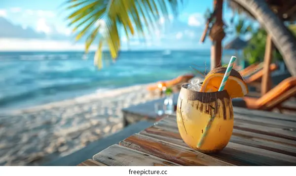 Refreshing coconut drink on a tropical beach