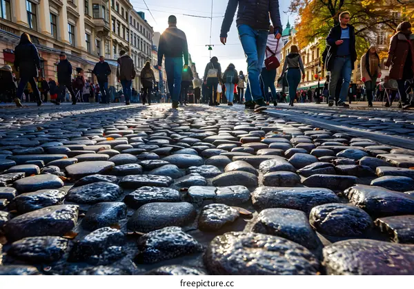 Cobblestone Street With People Walking In European City