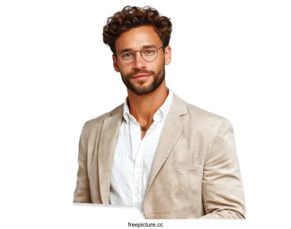 [Transparent Background PNG]Handsome Man in Beige Jacket with Glasses