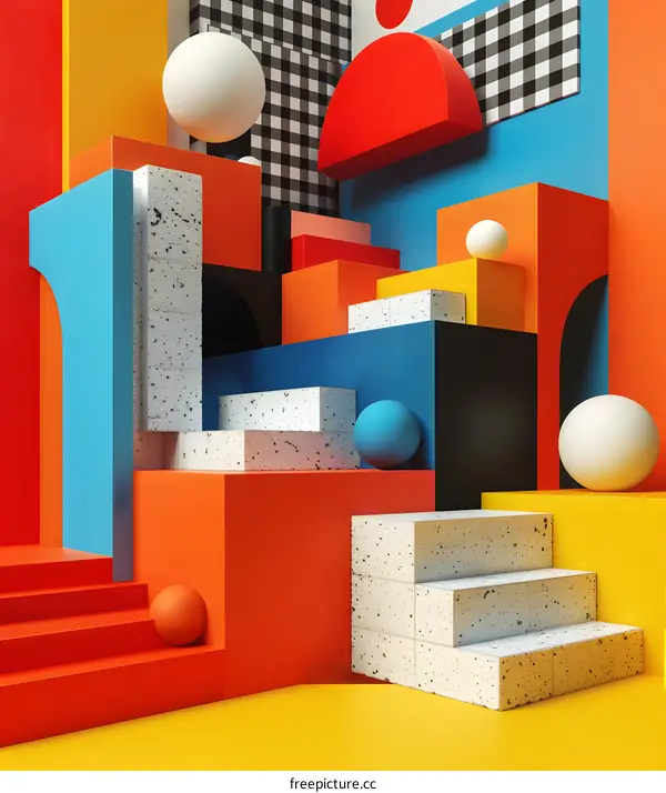 3D rendering of geometric shapes in bright colors