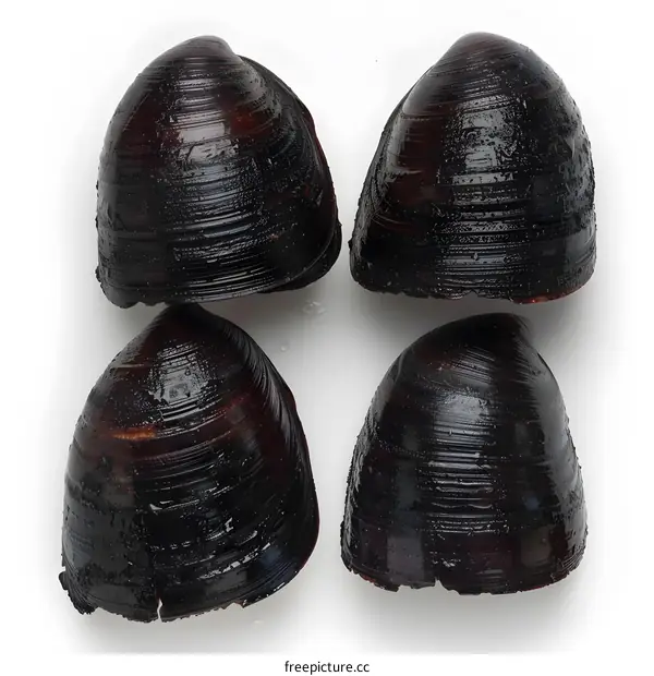 Four dark colored clam shells sit on a white surface
