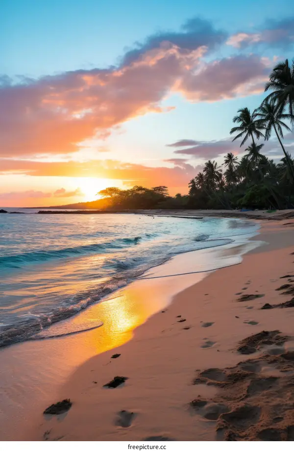 Beach sunset with palm trees and pink clouds