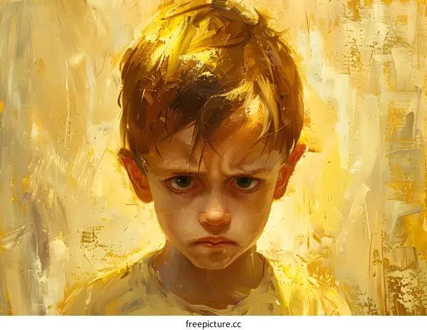 Portrait of a Young Boy with a Frowning Expression