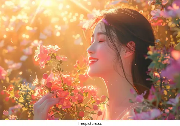 Asian woman in a field of flowers