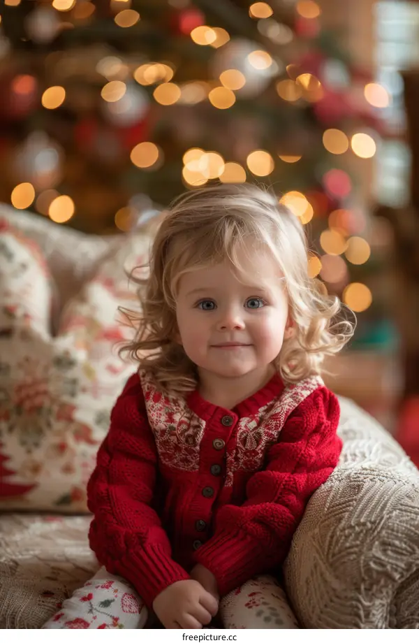 Little girl in red sweater sitting in front of Christmas tree
