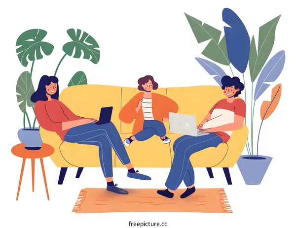 Three Friends Sitting On A Couch Working On Laptops