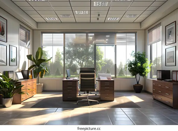 Modern office interior with large windows and green plants