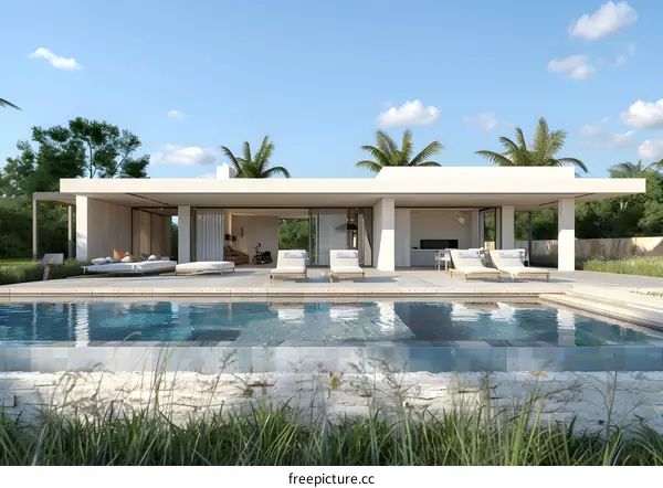 Modern Minimalist House With Swimming Pool and Palm Trees
