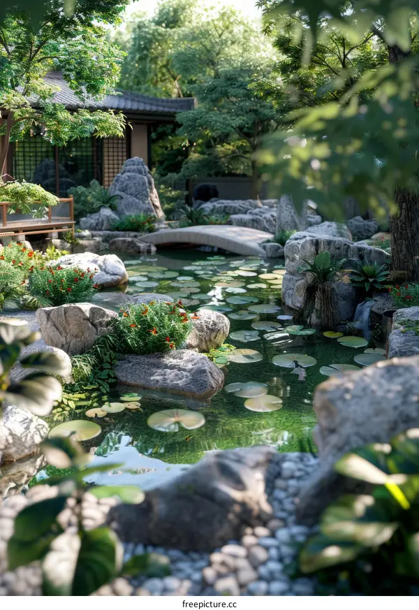 A Stunning Japanese Garden with a Tranquil Pond and Stone Bridge