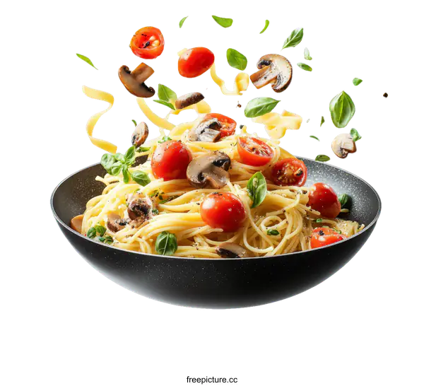 [Transparent Background PNG]Delicious Spaghetti with Flying Ingredients