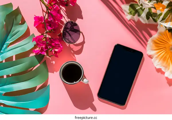 Flat Lay of Coffee, Phone, Sunglasses, and Flowers on Pink Background