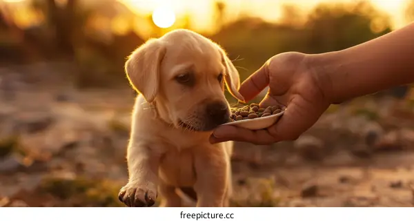 Hand Feeding a Puppy During Sunset