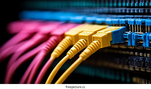 Colorful Network Cables Plugged into a Server Rack