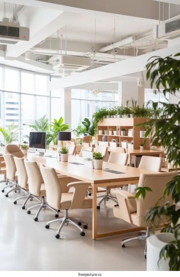 beige conference room with large windows and plants