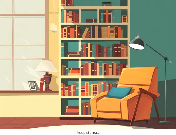 Cozy Reading Corner With Bookshelves And Armchair Illustration