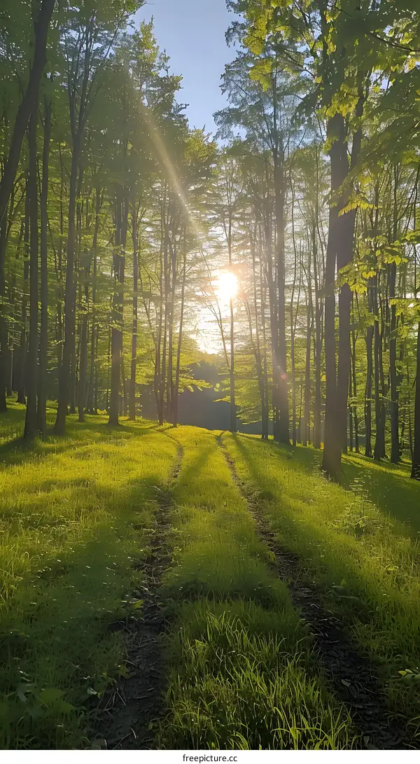 The sun shines through the forest