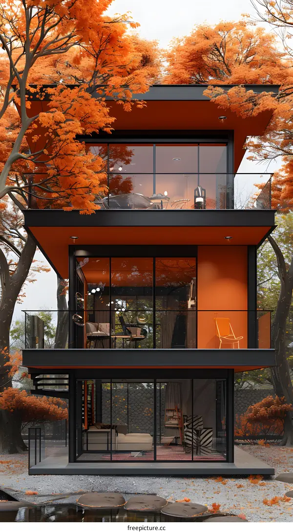 A modern two-story house with a large glass window and a balcony surrounded by trees with orange leaves in the autumn