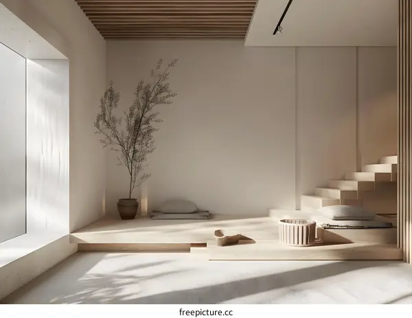 Minimalist Japanese Style Interior Design With Wooden Stairs And Branch