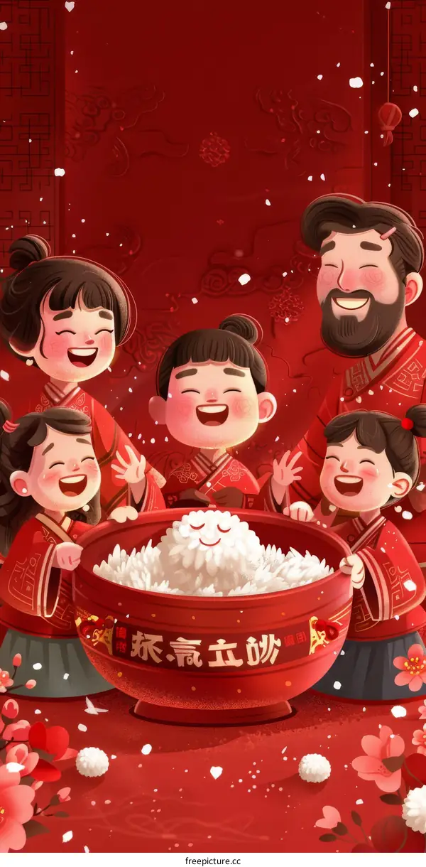 A family of five is happily celebrating the Spring Festival