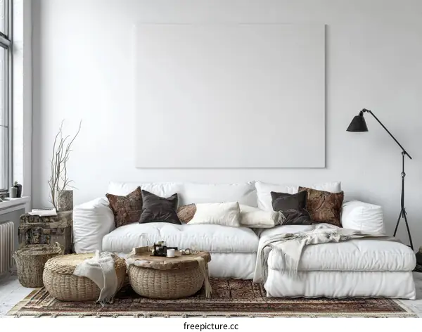 Modern Boho Living Room Mockup with Empty Canvas