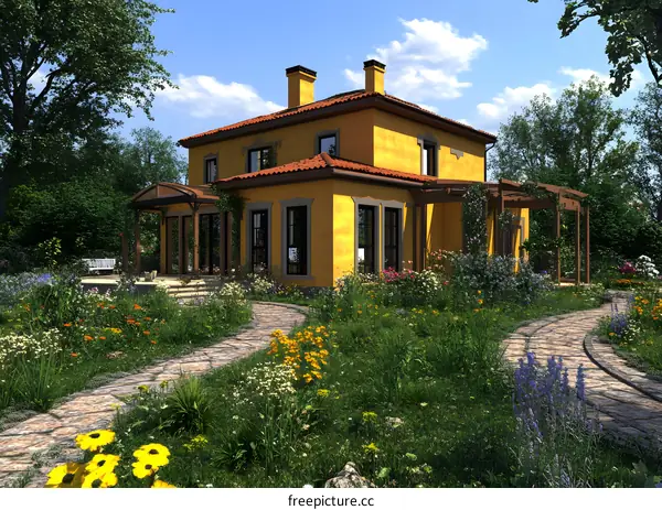 Yellow House with Garden Pathway