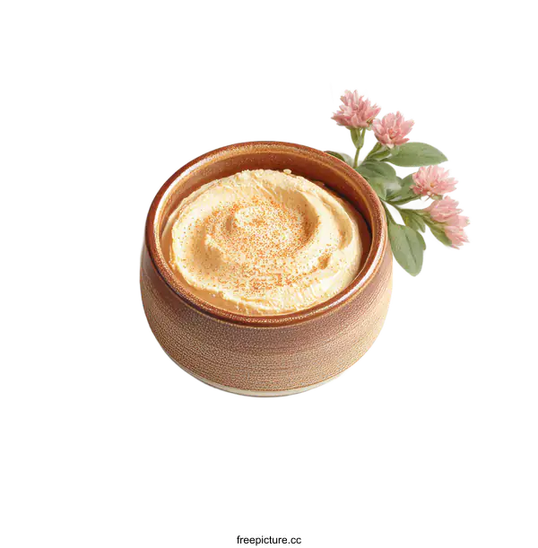 [Transparent Background PNG]Creamy yellow hummus in a brown ceramic bowl with pink flowers