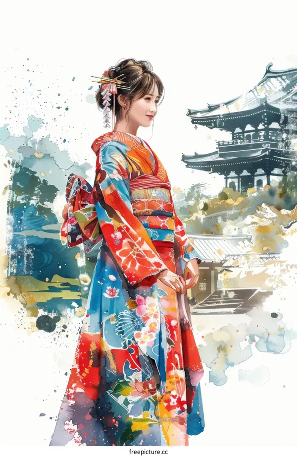 A woman wearing a kimono is standing in front of a temple.