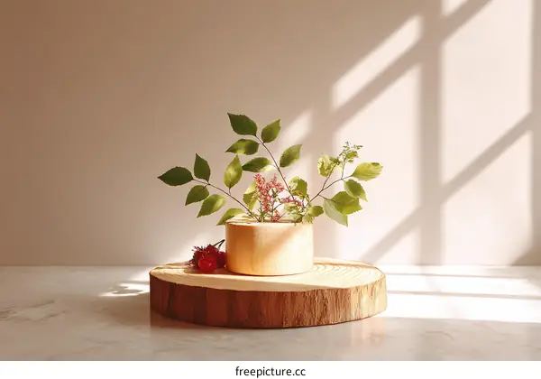Wooden Vase with Branches and Berries Display