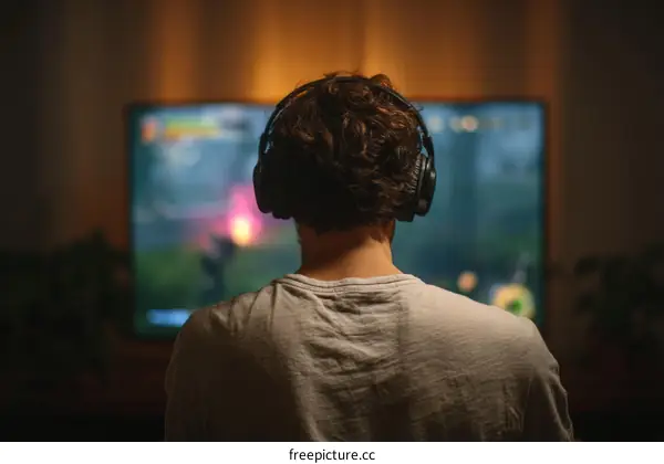 Man Wearing Headphones Gaming at Home