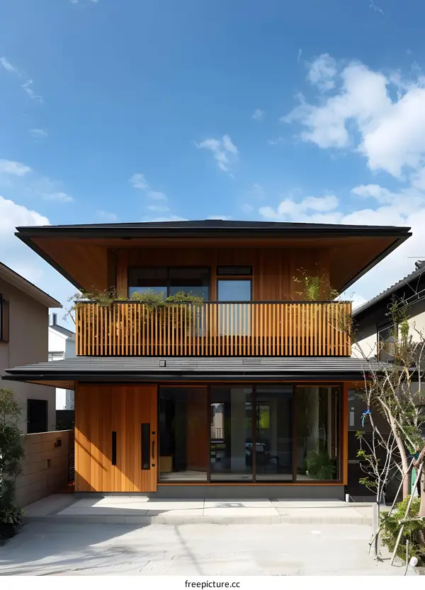 Modern Two Story Wooden Home Exterior with Balcony