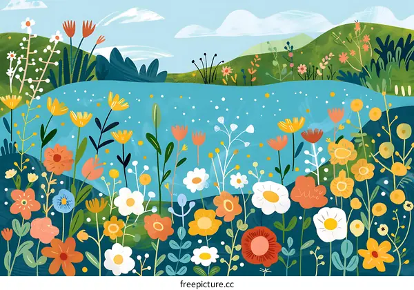 Colorful Spring Flowers Field Illustration