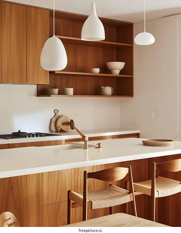 Modern Kitchen Interior Design With Wooden Cabinets and White Pendant Lights