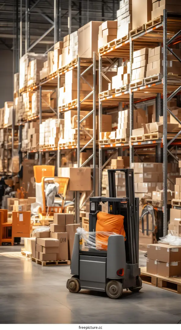 A warehouse with a forklift and shelves full of boxes