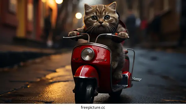 A ginger cat rides a red scooter down a wet street