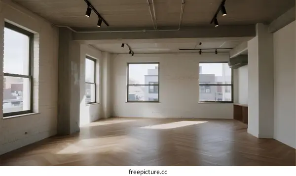 An empty room with large windows and wooden floor