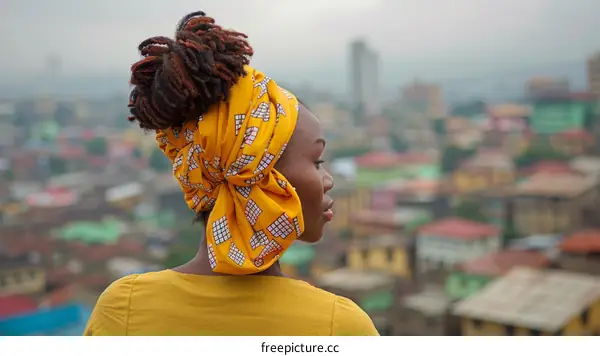 A young African woman wearing a colorful headscarf looks out over a city.