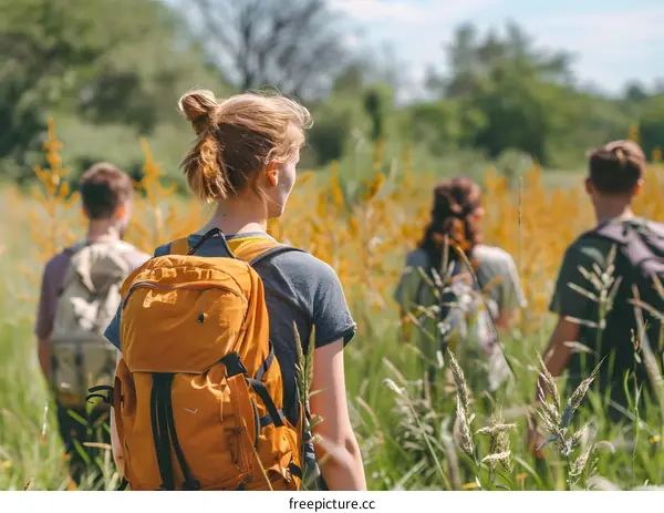 Group Of People Hiking Through Tall Grass
