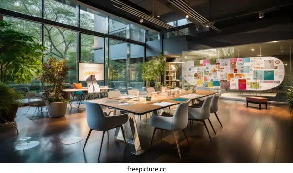 A modern office space with a large conference table, surrounded by glass walls and lush greenery
