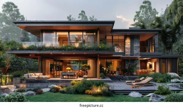 Modern house with large windows and a beautiful garden