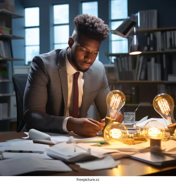 pensive black businessman working late in his office surrounded by paperwork and light bulbs