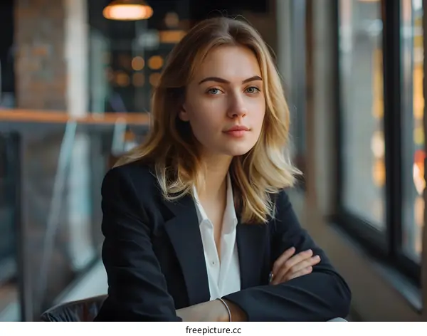 Young Caucasian Woman Wearing a Blazer and Looking at Camera