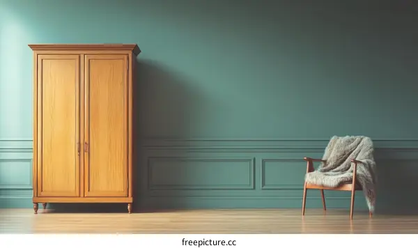 Vintage Wooden Wardrobe and Chair in Teal Room