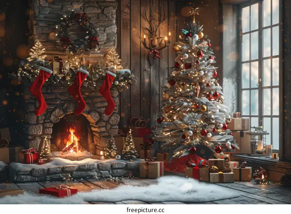 Christmas tree by the fireplace